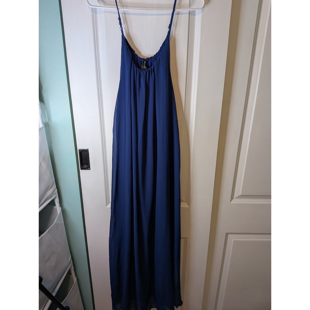 Savvi Elsie Dress Royal Blue Maxi Spaghetti Strap Side Slit Gown Size LG NEW